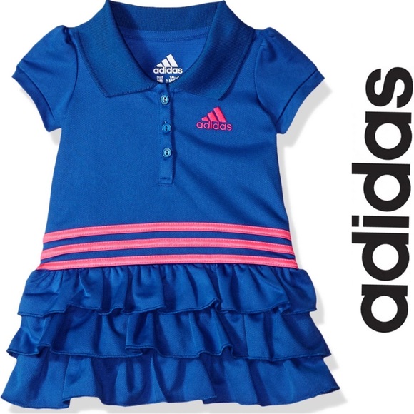 Adidas | Navy and Pink Pleated 3 Stripe Ruffle Polo Dress | Size 18 Months - Picture 1 of 10